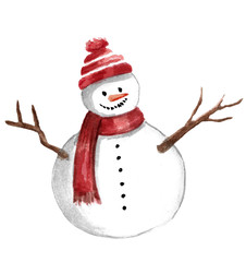 watercolor illustration of a snowman in a red hat and scarf