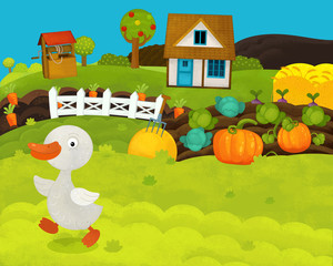 Obraz na płótnie Canvas cartoon happy and funny farm scene with happy goose - illustration for children
