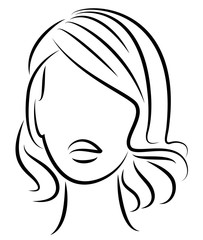 Silhouette of a head of a sweet lady. A girl shows a hairstyle of a woman on medium and long hair. Suitable for logo, advertising. Vector illustration.