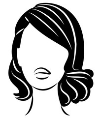 Silhouette of a head of a sweet lady. A girl shows a hairstyle of a woman on medium and long hair. Suitable for logo, advertising. Vector illustration.