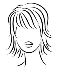 Silhouette of a head of a sweet lady. A girl shows a hairstyle of a woman on medium and long hair. Suitable for logo, advertising. Vector illustration.