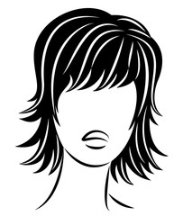 Silhouette of a head of a sweet lady. A girl shows a hairstyle of a woman on medium and long hair. Suitable for logo, advertising. Vector illustration.