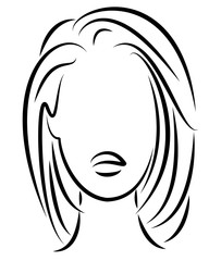 Silhouette of a head of a sweet lady. A girl shows a hairstyle of a woman on medium and long hair. Suitable for logo, advertising. Vector illustration.