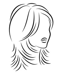 Silhouette of a head of a sweet lady. A girl shows a hairstyle of a woman on medium and long hair. Suitable for logo, advertising. Vector illustration.