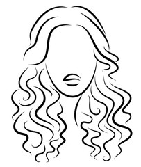 Silhouette of a head of a sweet lady. A girl shows a hairstyle of a woman on medium and long hair. Suitable for logo, advertising. Vector illustration.