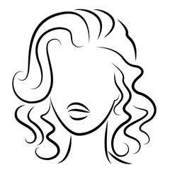Silhouette of a head of a sweet lady. A girl shows a hairstyle of a woman on medium and long hair. Suitable for logo, advertising. Vector illustration.