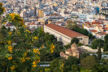 Stoa of Attalos viewed from the hill of the Acropolis, Athens, Greece.