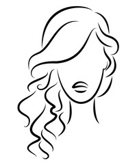 Silhouette of a head of a sweet lady. A girl shows a hairstyle of a woman on medium and long hair. Suitable for logo, advertising. Vector illustration.