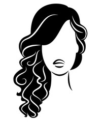 Silhouette of a head of a sweet lady. A girl shows a hairstyle of a woman on medium and long hair. Suitable for logo, advertising. Vector illustration.