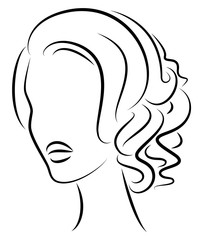 Silhouette of a head of a sweet lady. A girl shows a hairstyle of a woman on medium and long hair. Suitable for logo, advertising. Vector illustration.