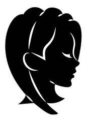 Silhouette of a head of a sweet lady. A girl shows a hairstyle of a woman on medium and long hair. Suitable for logo, advertising. Vector illustration.