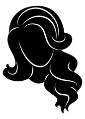 Silhouette of a head of a sweet lady. A girl shows a hairstyle of a woman on medium and long hair. Suitable for logo, advertising. Vector illustration.