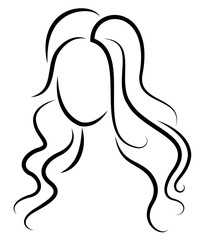 Silhouette of a head of a sweet lady. A girl shows a hairstyle of a woman on medium and long hair. Suitable for logo, advertising. Vector illustration.