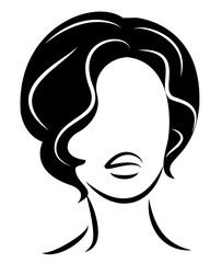 Silhouette of a head of a sweet lady. A girl shows a hairstyle of a woman on medium and long hair. Suitable for logo, advertising. Vector illustration.