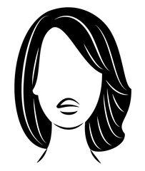 Silhouette of a head of a sweet lady. A girl shows a hairstyle of a woman on medium and long hair. Suitable for logo, advertising. Vector illustration.