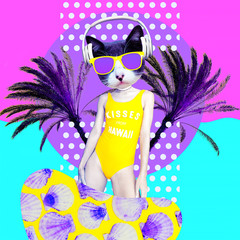 Contemporary art collage. Dancing Dj Kitty in beach palm dreams. Zine culture concept