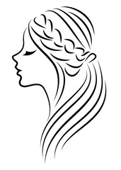 Silhouette of a profile of a sweet lady's head. A girl shows a female tail-hairstyle on long and medium hair. Suitable for logo, advertising. Vector illustration.