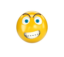 Yellow grumpy emoji on white isolated background, 3d illustration