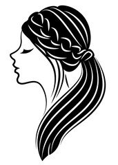Silhouette of a profile of a sweet lady's head. A girl shows a female tail-hairstyle on long and medium hair. Suitable for logo, advertising. Vector illustration.