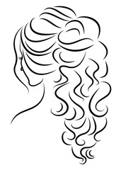 Silhouette of a profile of a sweet lady's head. A girl shows a female tail-hairstyle on long and medium hair. Suitable for logo, advertising. Vector illustration.
