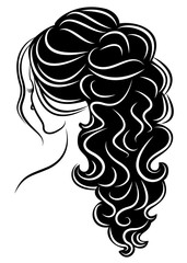 Silhouette of a profile of a sweet lady's head. A girl shows a female tail-hairstyle on long and medium hair. Suitable for logo, advertising. Vector illustration.