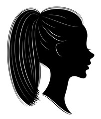 Silhouette of a profile of a sweet lady's head. A girl shows a female tail-hairstyle on long and medium hair. Suitable for logo, advertising. Vector illustration.