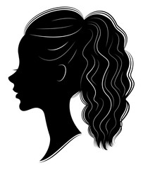 Silhouette of a profile of a sweet lady's head. A girl shows a female tail-hairstyle on long and medium hair. Suitable for logo, advertising. Vector illustration.