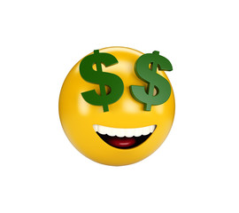 Yellow rich emoji on white isolated background. Green dollar eyes. 3d illustration