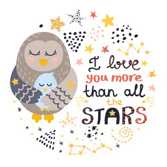 Poster with birds, stars and lettering. Vector illustration for your design