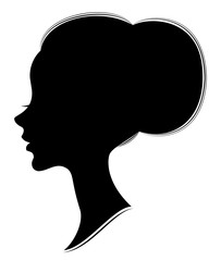 Silhouette of the head of a sweet lady. The girl shows a female hairstyle bundle on long and medium hair. Suitable for advertising, logo. Vector illustration.