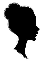 Silhouette of the head of a sweet lady. The girl shows a female hairstyle bundle on long and medium hair. Suitable for advertising, logo. Vector illustration.