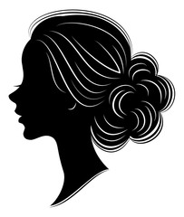 Silhouette of the head of a sweet lady. The girl shows a female hairstyle bundle on long and medium hair. Suitable for advertising, logo. Vector illustration.