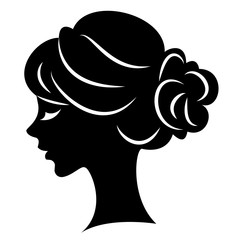 Silhouette of the head of a sweet lady. The girl shows a female hairstyle bundle on long and medium hair. Suitable for advertising, logo. Vector illustration.