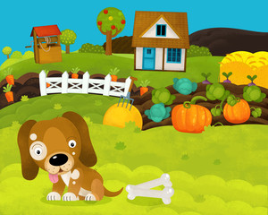 Obraz na płótnie Canvas cartoon happy and funny farm scene with happy dog - illustration for children