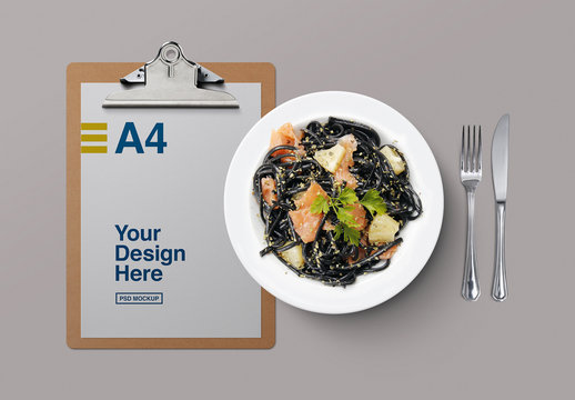 Top View of Clipboard with Dinner Plate Mockup