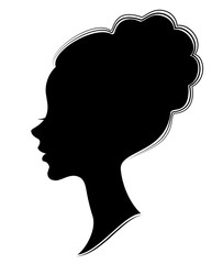 Silhouette of the head of a sweet lady. The girl shows a female hairstyle bundle on long and medium hair. Suitable for advertising, logo. Vector illustration.