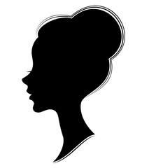Silhouette of the head of a sweet lady. The girl shows a female hairstyle bundle on long and medium hair. Suitable for advertising, logo. Vector illustration.