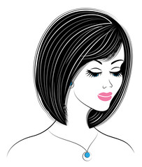 Silhouette of a head of a sweet lady. A girl shows a hairstyle of a woman on medium and long hair. Suitable for logo, advertising. Vector illustration