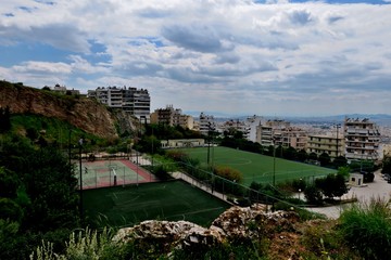 Beautiful view from the heights with playgrounds in the city of Greece
