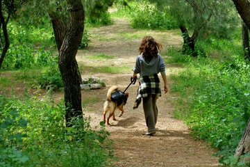 girl in the forest walks with her beloved dog