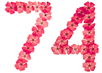 Numeral 74, seventy four, from natural red flowers of periwinkle, isolated on white background