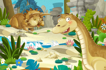 cartoon scene with dinosaur apatosaurus diplodocus with some other dinosaur in the jungle - illustration for children