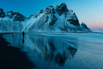 Vesturhorn sea mirror at blue hour in Iceland south