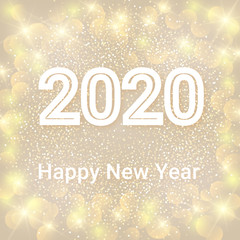 Happy New Year on winter holiday background. Text 2020 with bokeh and lens flare pattern. Vector illustration