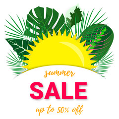 Tropical leaves with the sun hidden in the pocket on a white background. Text Summer Sale Up to 50 off. Vector Illustration.