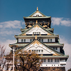 Naklejka premium Osaka Castle surrounded with trees and cherry blossoms in Japan