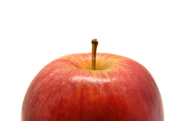 Ripe red Apple with handle macro photo of an object isolated on a white background.