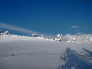 Bonitos Paisajes de invierno con monte y árboles cargados de nieve en pueblo de Parva,...