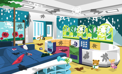 Dirty Kids Playground on the Playgroup School with Safety Zone, Sofa, Bears and Princess Dolls for Vector Interior Design Ideas