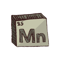 Vector three-dimensional hand drawn chemical gray-green symbol of manganese with an abbreviation Mn from the periodic table of the elements isolated on a white background.